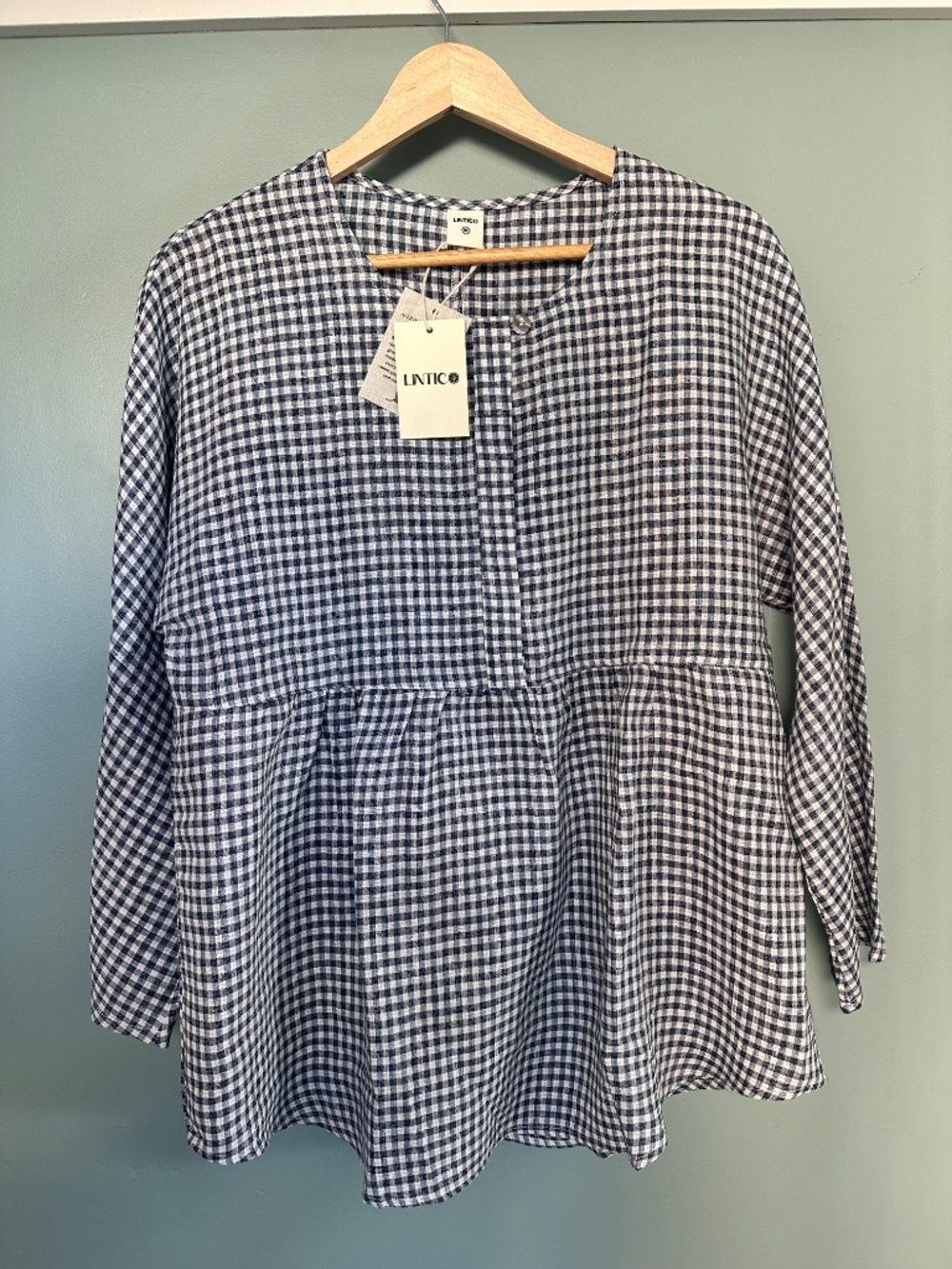 Lintico Long Sleeve Linen Blend Blue Gingham Top Women’s M NWT - Picture 5 of 7